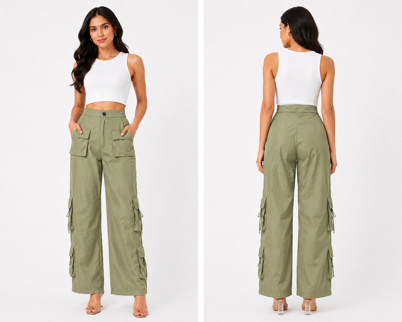 TANDUL Women Sage Green Ultra-Wide Leg Cargo Trousers