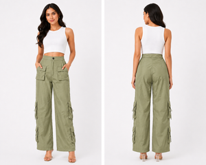 TANDUL Women Sage Green Ultra-Wide Leg Cargo Trousers