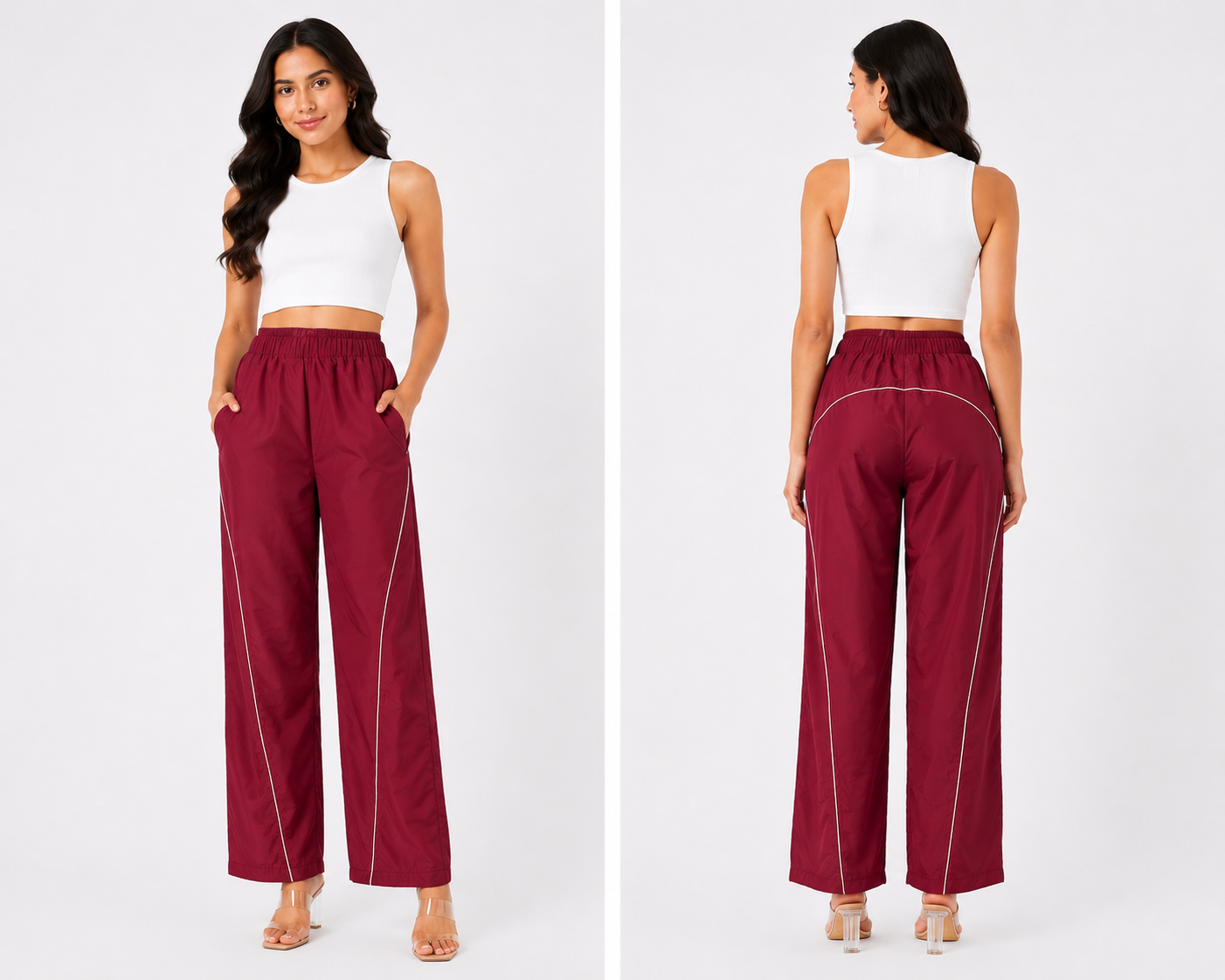 TANDUL Women Maroon Wide-Leg Track Pants with Contrast Piping