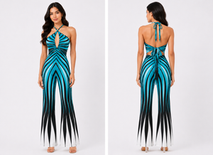 TANDUL Women's Halter Neck Printed Flared Jumpsuit with Keyhole Cut-Out