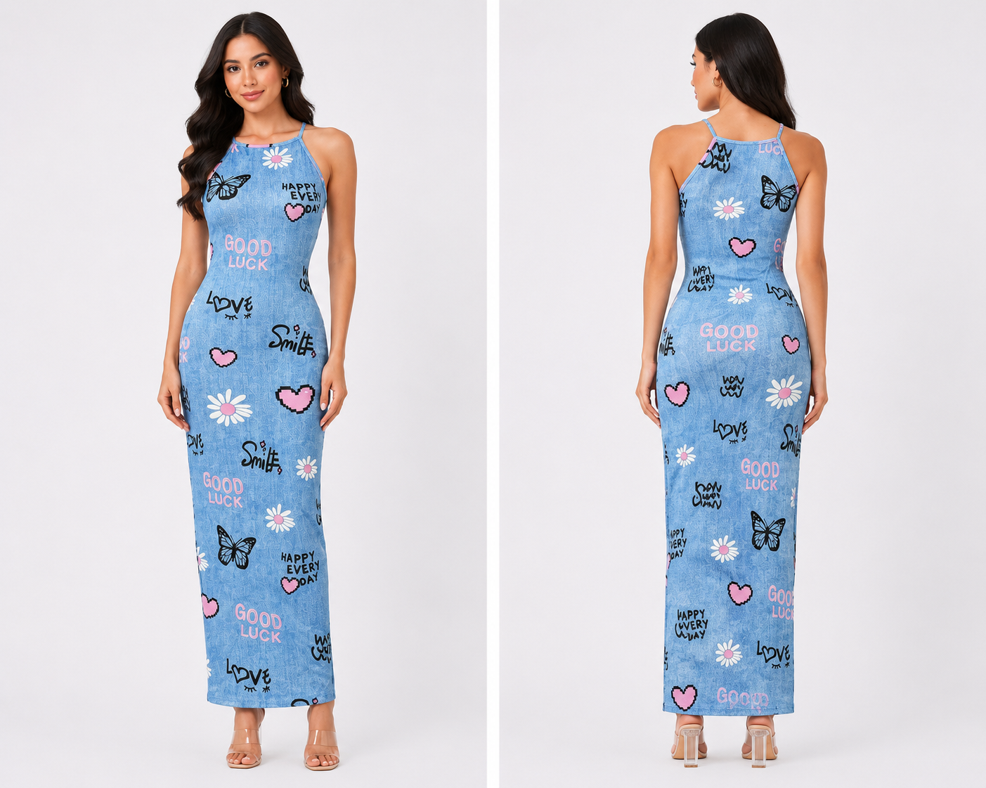 TANDUL Women's Sleeveless Halter Neck Printed Bodycon Maxi Dress