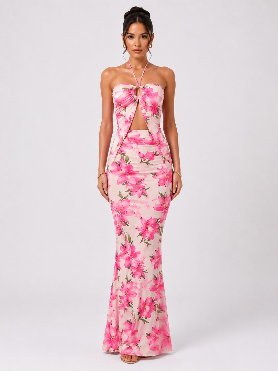 TANDUL Women Tropical Bloom Crop Top & Ruched Skirt Co-ord Set
