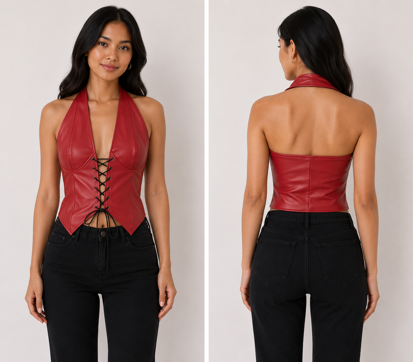 TANDUL Women Bold Red Front Detailed Leather Top