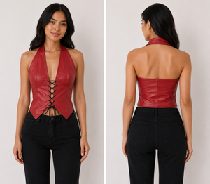 TANDUL Women Bold Red Front Detailed Leather Top