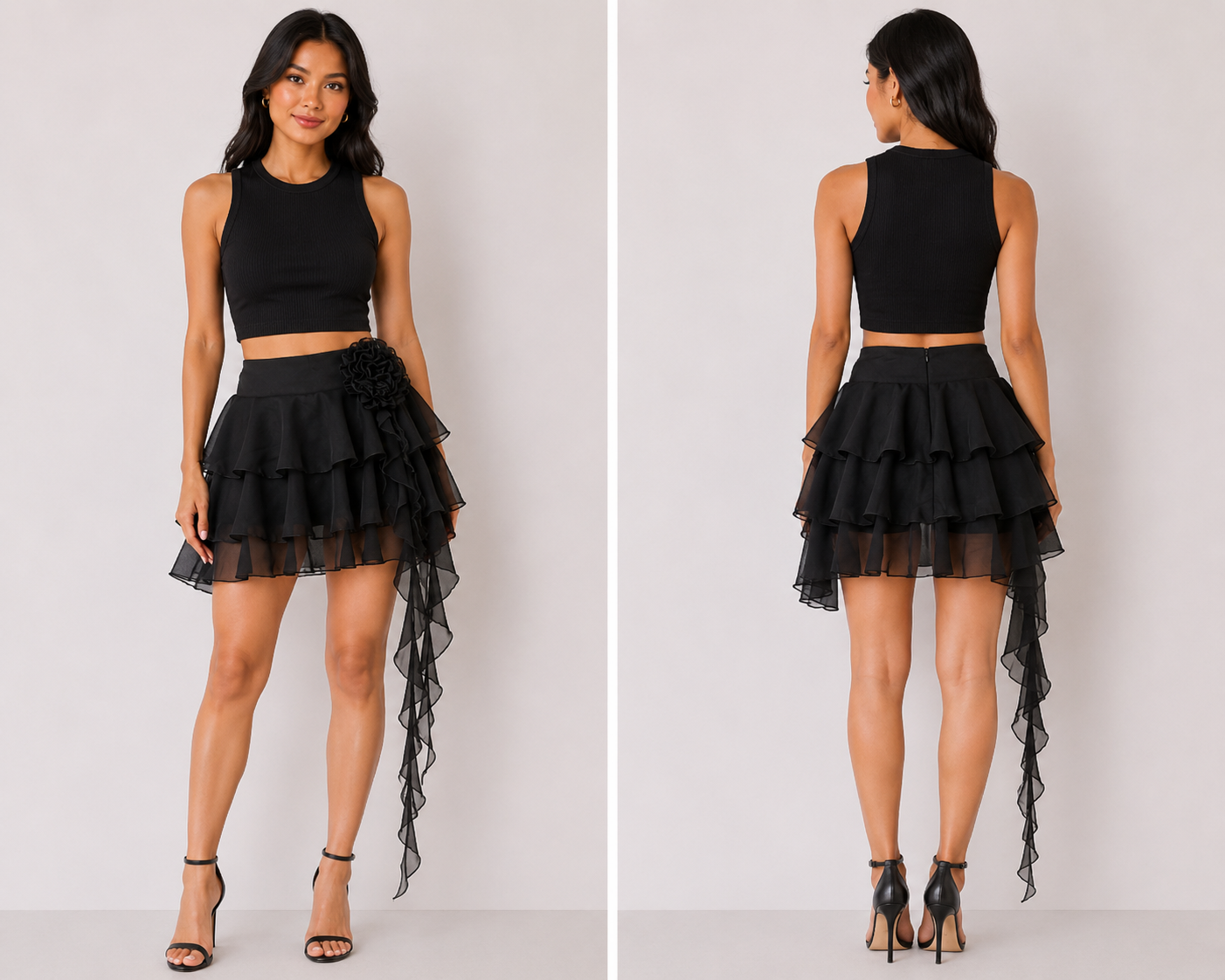 TANDUL Women Black Frill Ruffle Georgette Skirt