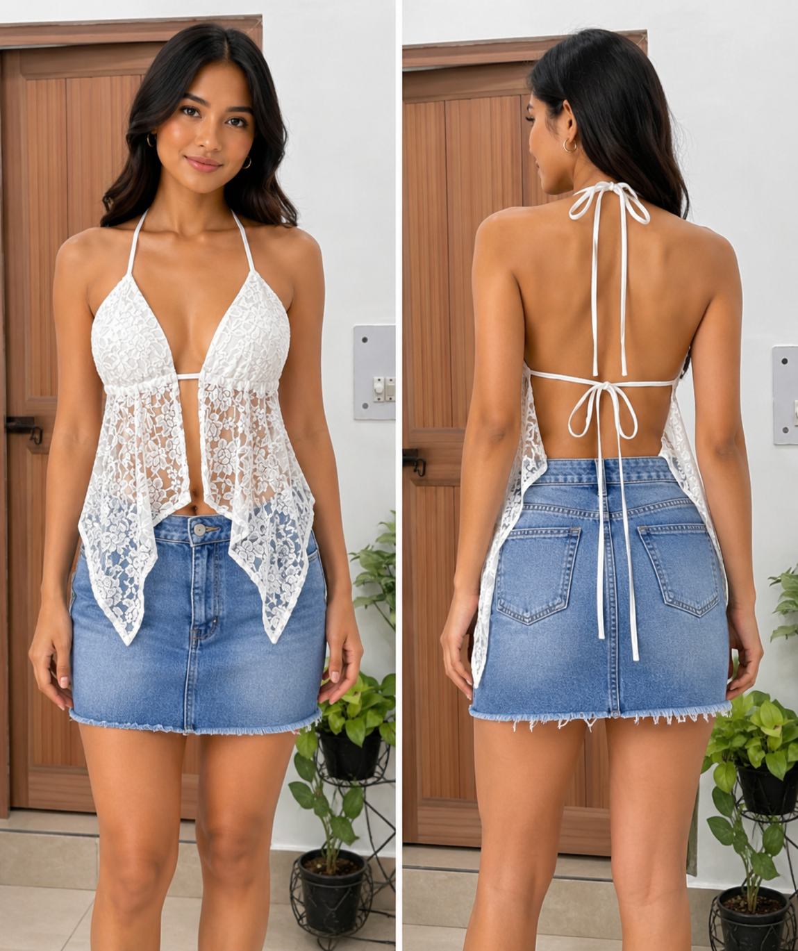 TANDUL Women White Lace Cami Backless Lace Top