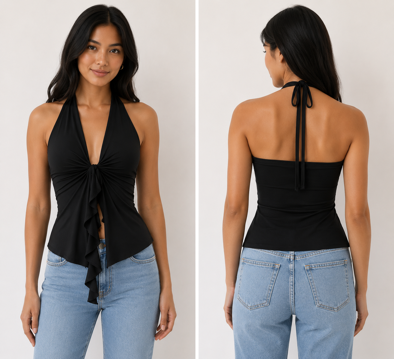 TANDUL Women Haulter Neck Black Ruffle Top