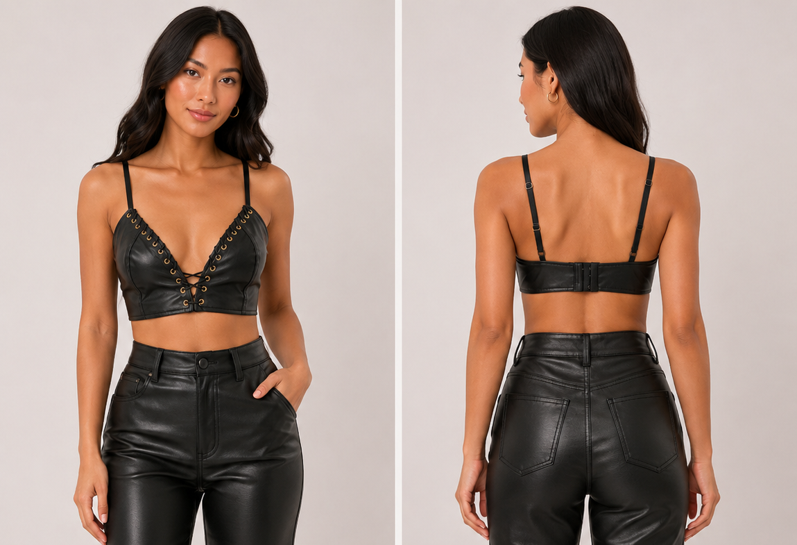 TANDUL Women Black Leather Eyelet Detail Bralet Top