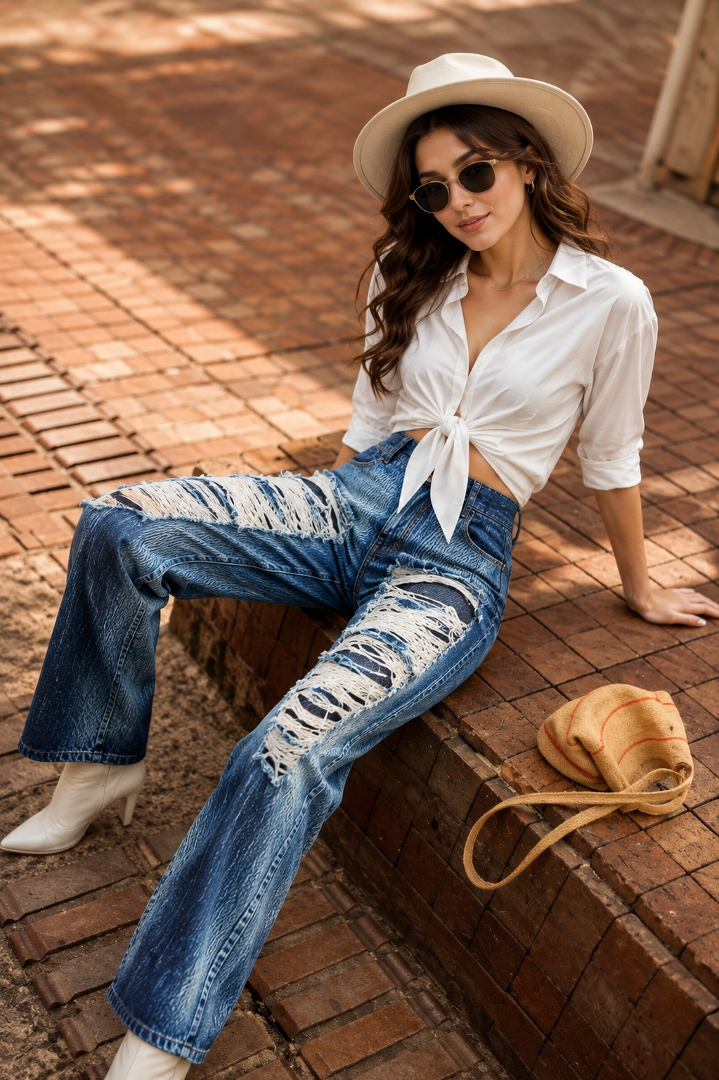 TANDUL Women High-Waisted Trompe L'oeil Denim Printed Trouser