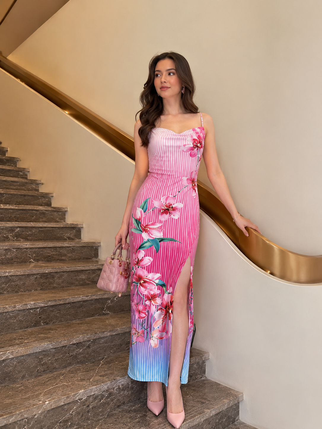 TANDUL Women Pink Stripe Cowl Neck Maxi Dress