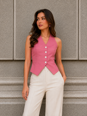TANDUL Women Barbiecore Pink Halter Neck Waistcoat