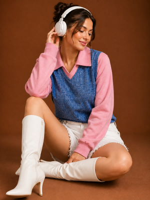 TANDUL Women 2-in-1 Blue Denim Textured Fleece Sweatshirt