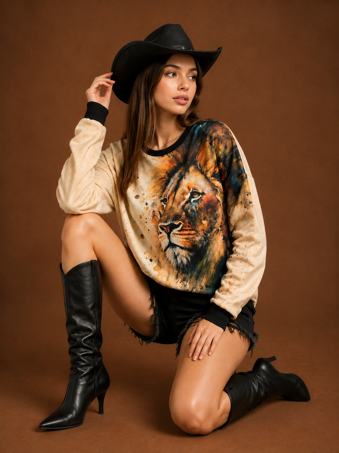 TANDUL Women Cream and Espresso Lion Portrait Oversized Sweatshirt