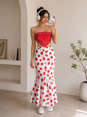TANDUL Women Strawberry Printed Mermaid Maxi Skirt