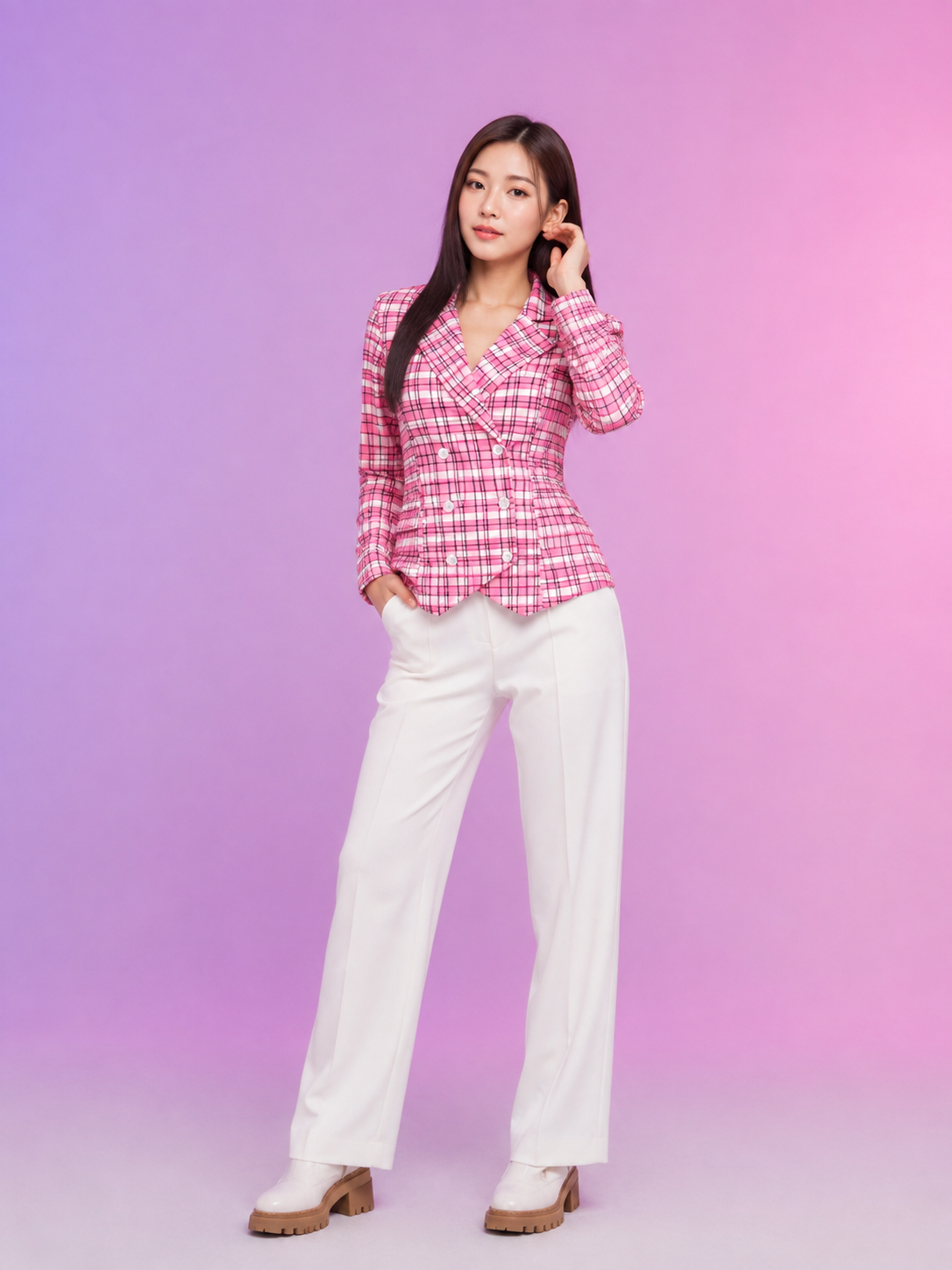 TANDUL Women Pink and White Plaid Double-Breasted Blazer