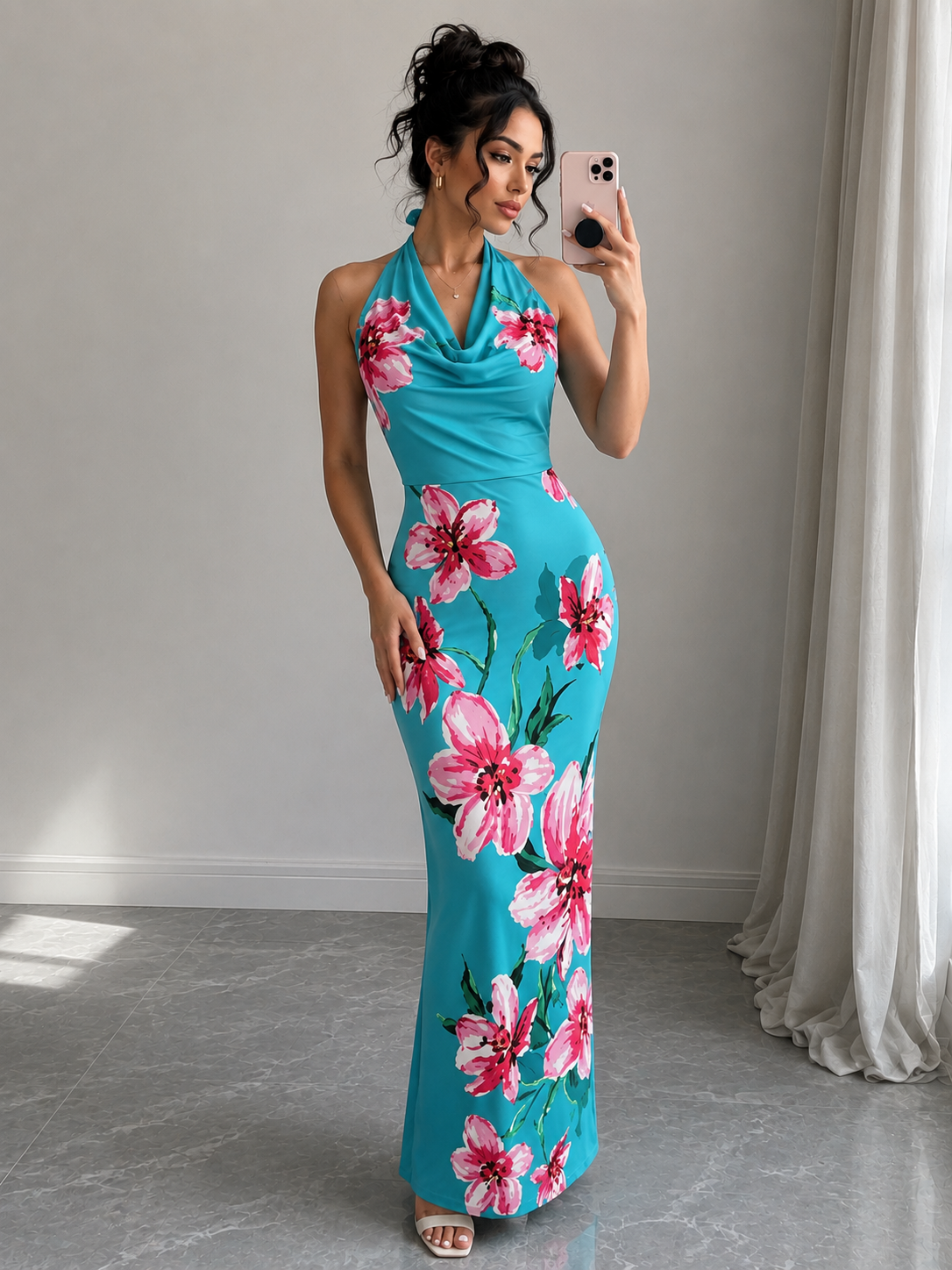 TANDUL Women Tropics Hibiscus Cowl Neck Maxi Dress