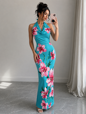 TANDUL Women Tropics Hibiscus Cowl Neck Maxi Dress