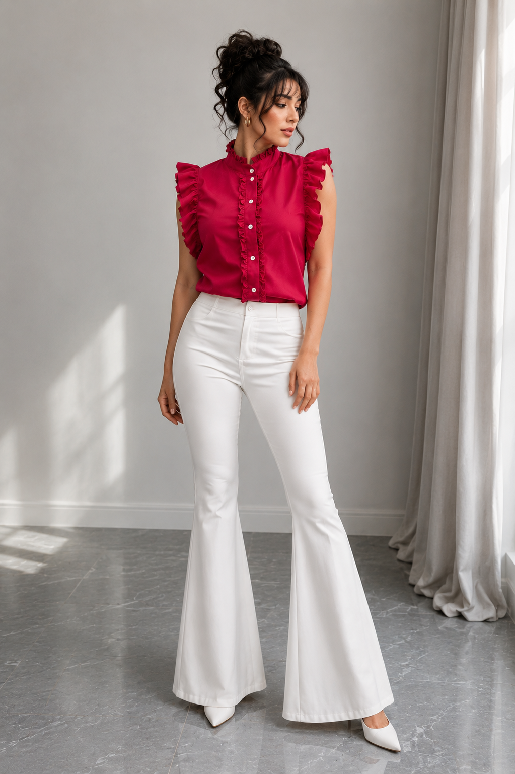 TANDUL Women Fuchsia Romantic Ruffle-Sleeve Shirt