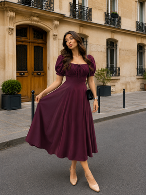 TANDUL Women Elegant Wine Milkmaid Midi Dress
