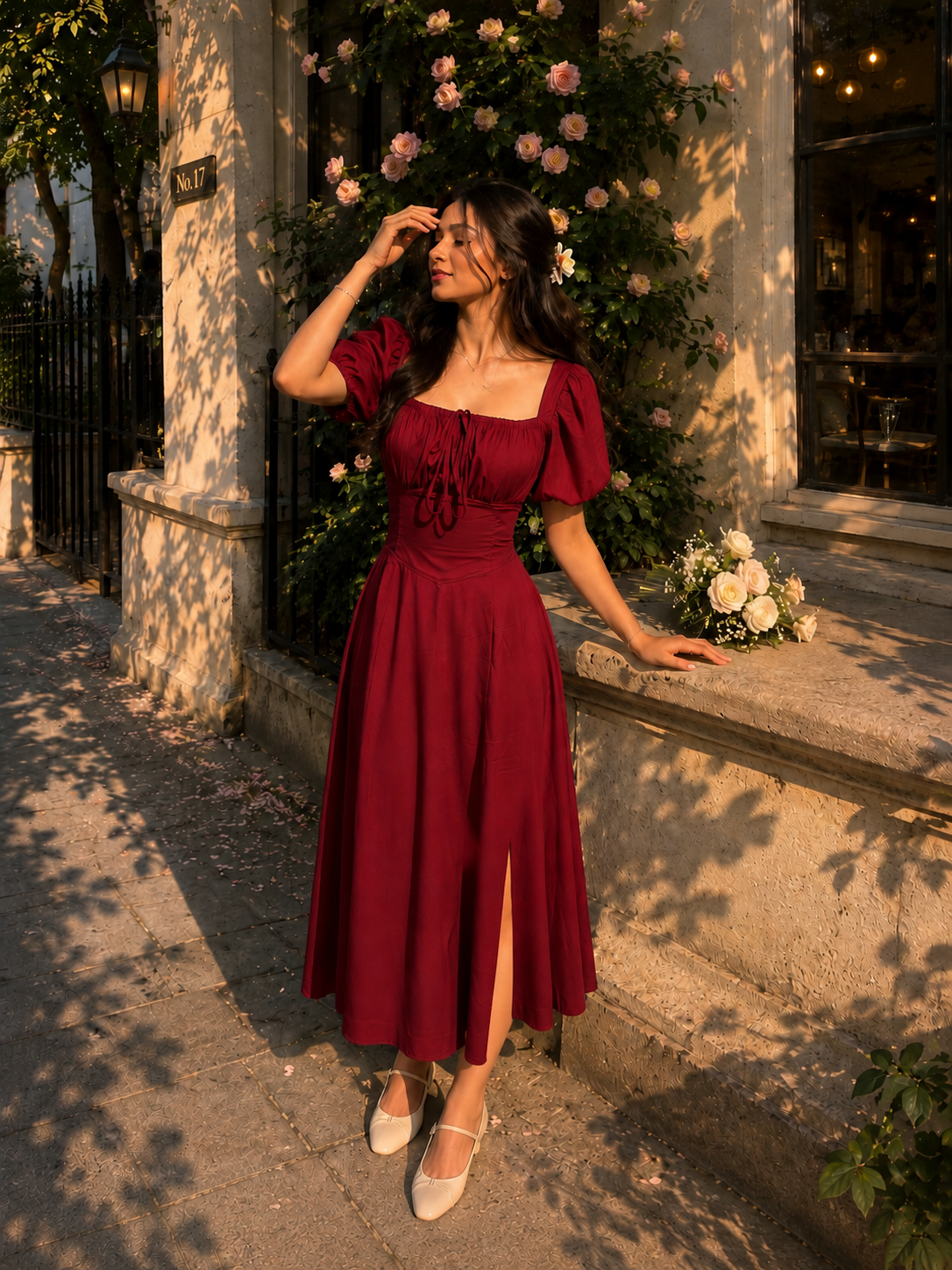 TANDUL Women Maroon Lace-Up Corset Milkmaid Midi Dress