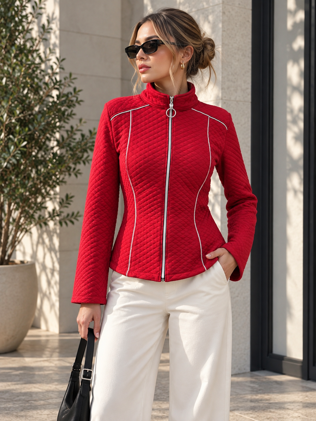 TANDUL Women Quilted Diamond-Stitch Red Zip-Up Jacket