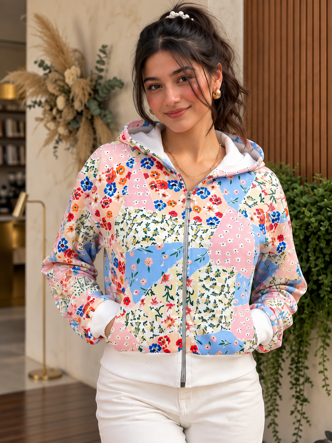 TANDUL Women Floral Patchwork Cropped Zip-Up Hoodie