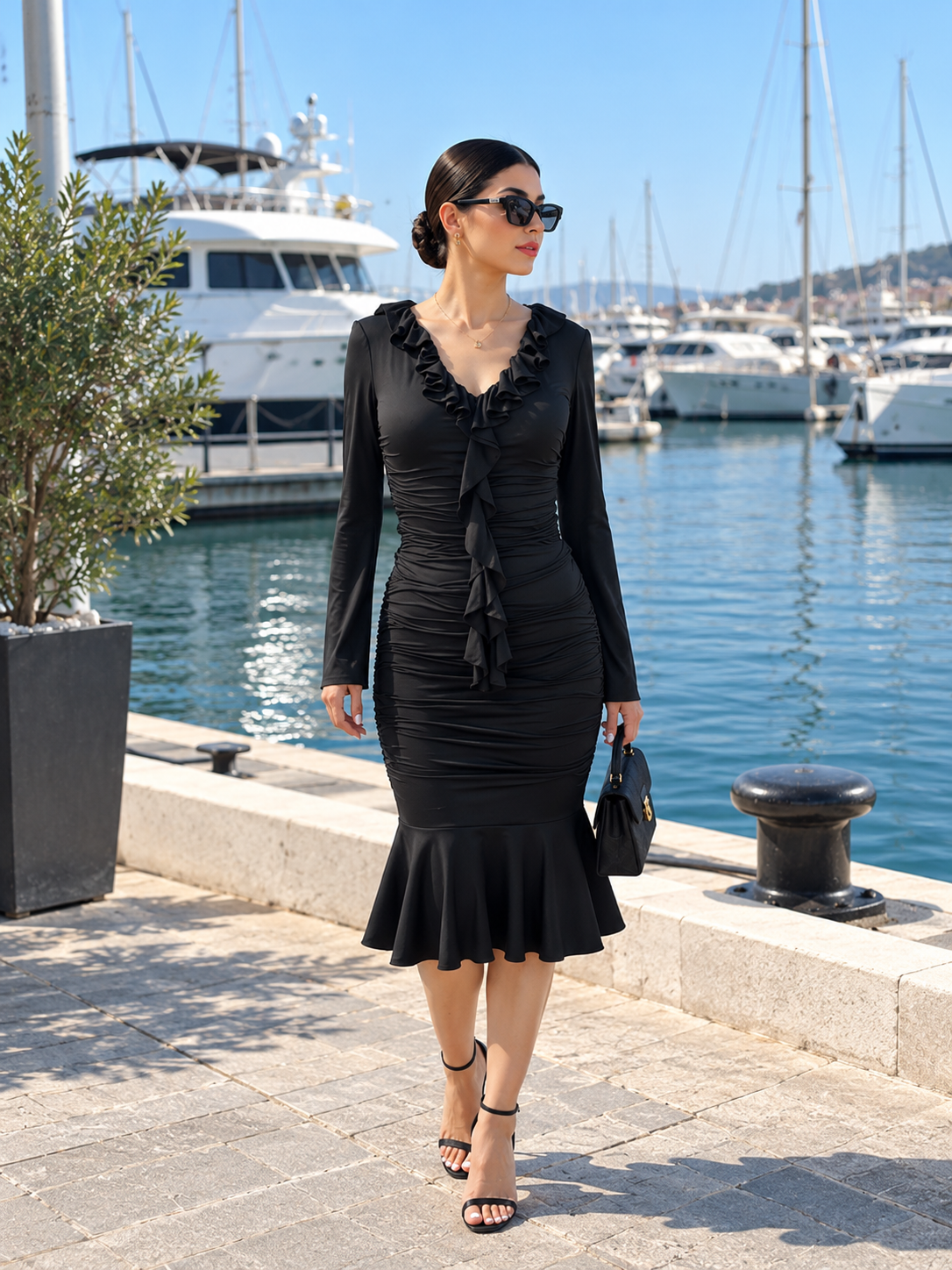 TANDUL Women Gothic Noir Cascading Ruffle Ruched Bodycon Dress