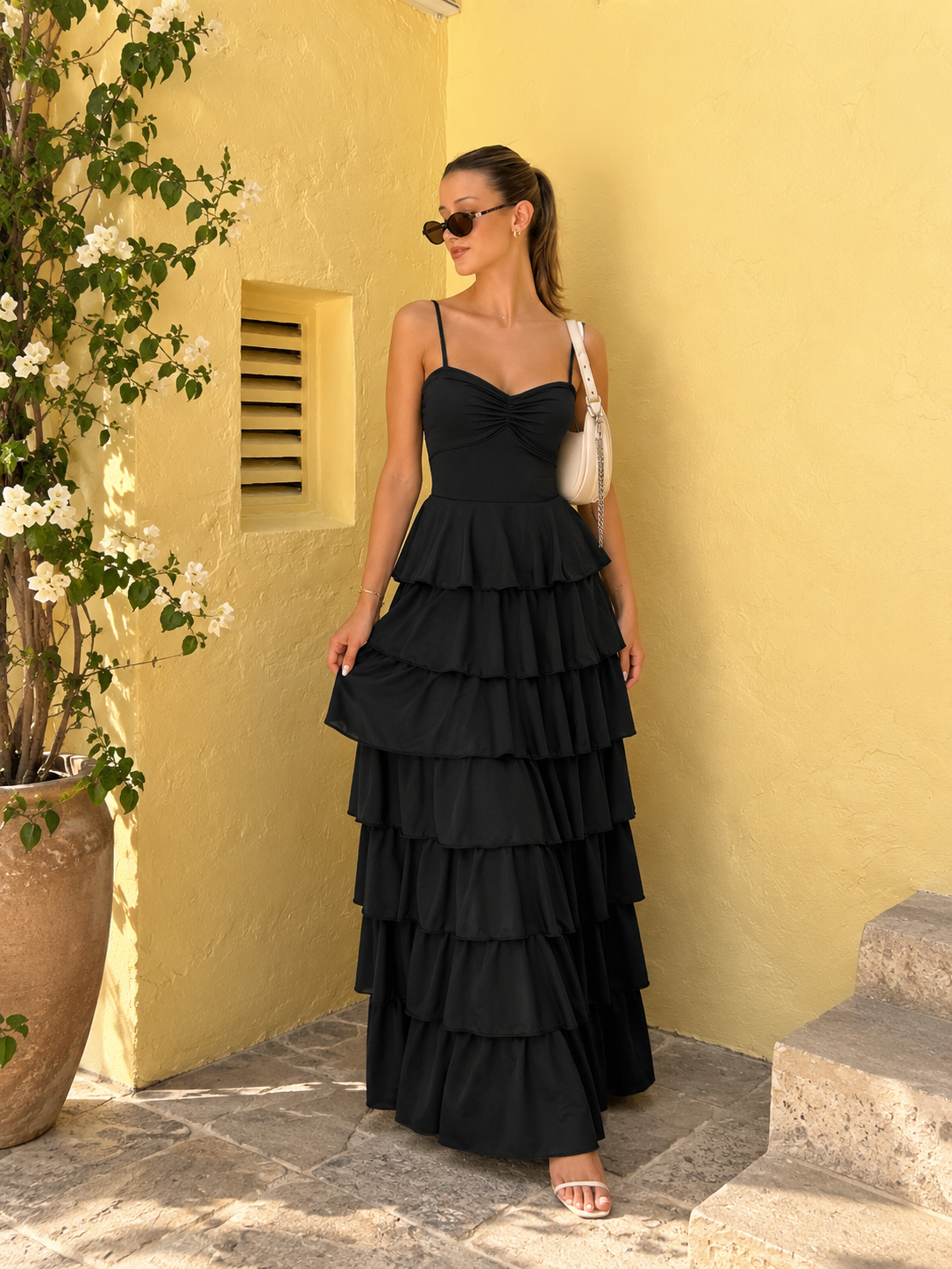 TANDUL Women's Black Tiered Ruffle Maxi Dress