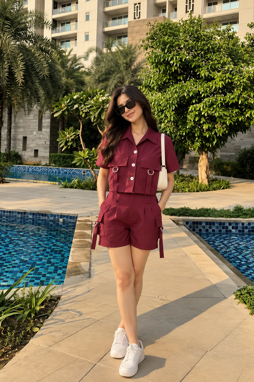 TANDUL Women's Burgundy Cargo Crop Shirt and Shorts Co-ord Set