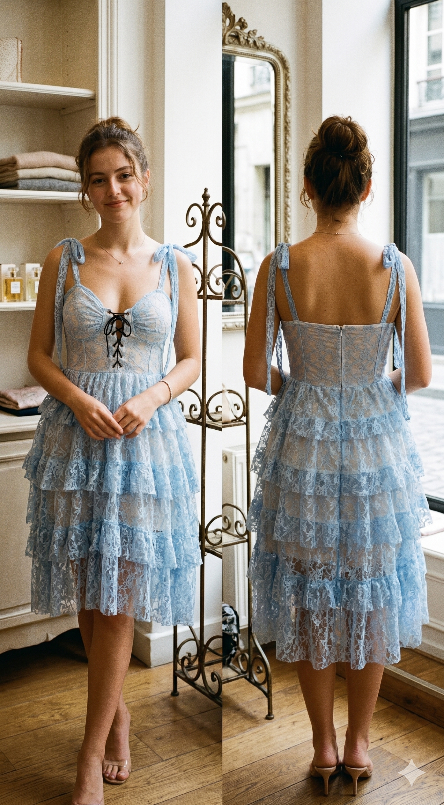 TANDUL Women Elegant Sky Blue Lace Dress
