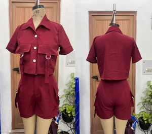 TANDUL Women's Burgundy Cargo Crop Shirt and Shorts Co-ord Set