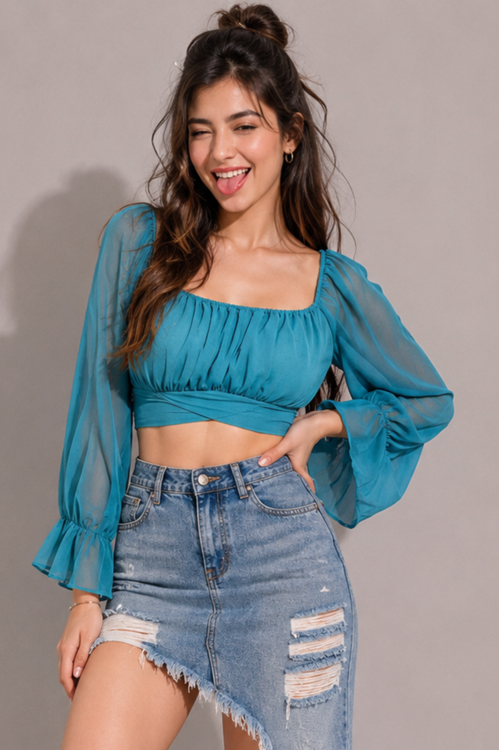 TANDUL Women Ruched Square Neck  Georgette Crop Top