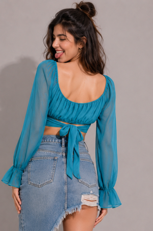TANDUL Women Ruched Square Neck  Georgette Crop Top