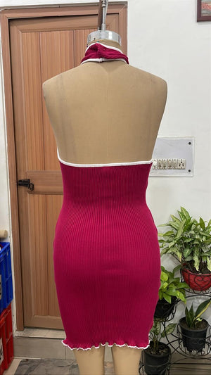 TANDUL Women Elegant Keyhole Neck Fuchsia Pink Dress
