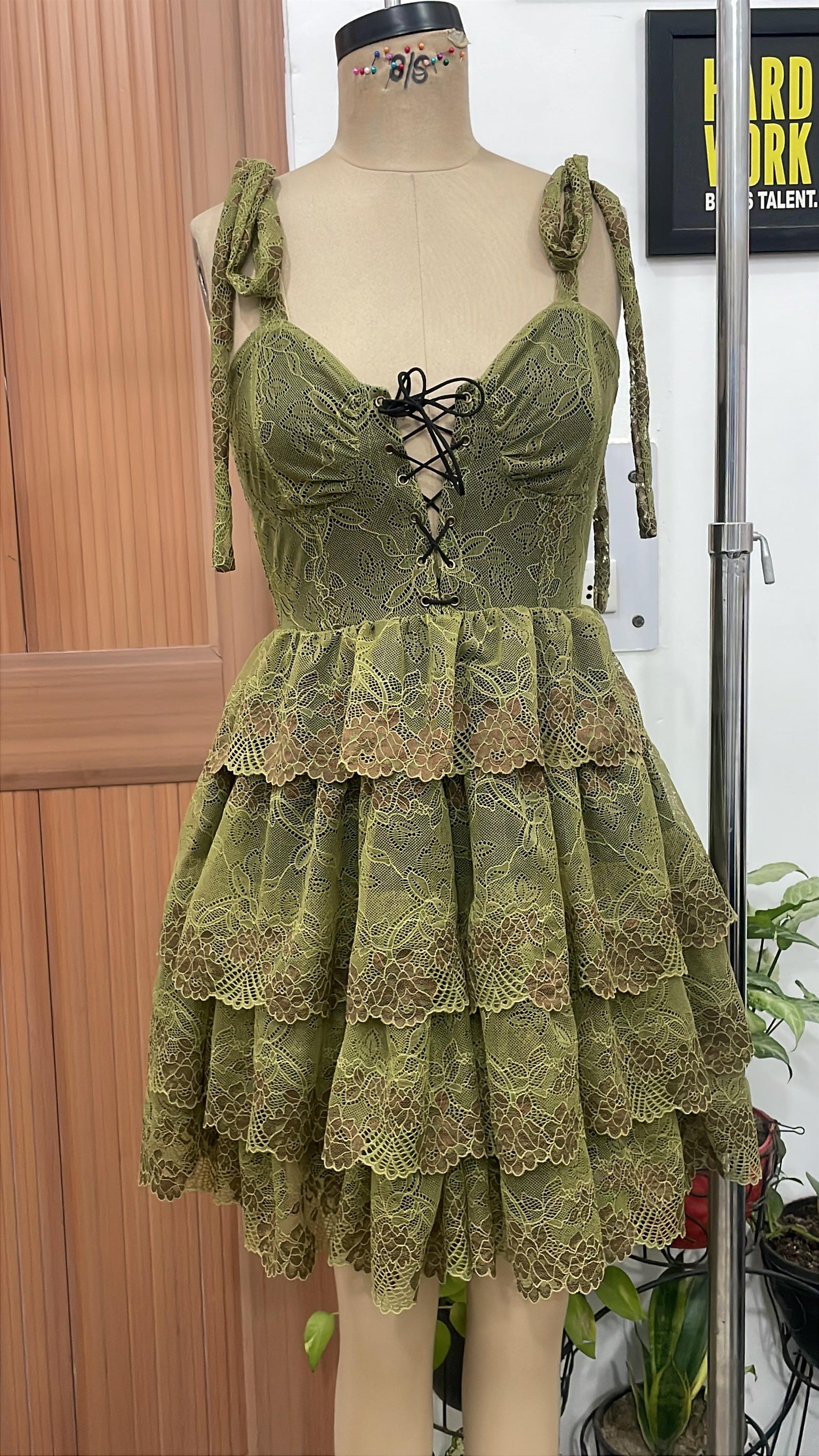 TANDUL Women Fairycore Olive Green Lace Mini Dress