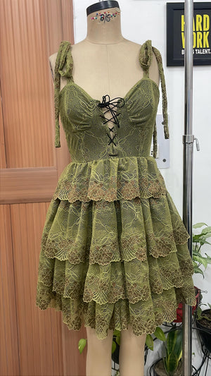 TANDUL Women Fairycore Olive Green Lace Mini Dress