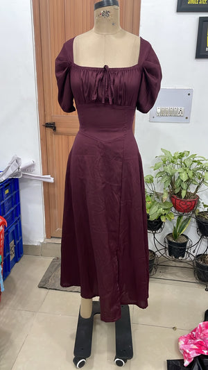 TANDUL Women Elegant Wine Milkmaid Midi Dress