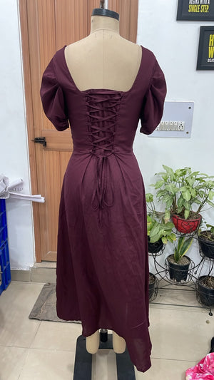TANDUL Women Elegant Wine Milkmaid Midi Dress