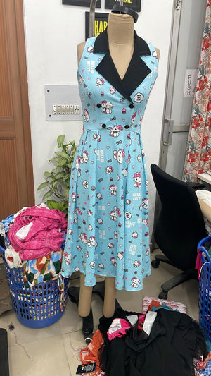 TANDUL Women Retro Hello Kitty Print Double-Breasted Dress