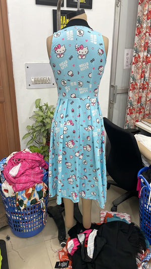 TANDUL Women Retro Hello Kitty Print Double-Breasted Dress