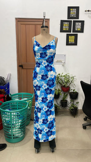 TANDUL Women Tropical Hibiscus Print Cowl Neck Maxi Dress