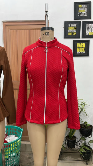 TANDUL Women Quilted Diamond-Stitch Red Zip-Up Jacket