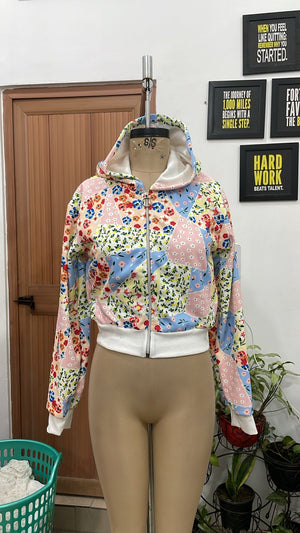 TANDUL Women Floral Patchwork Cropped Zip-Up Hoodie