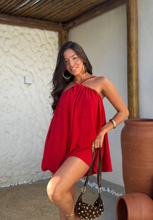 Halter neck style Red crepe dress