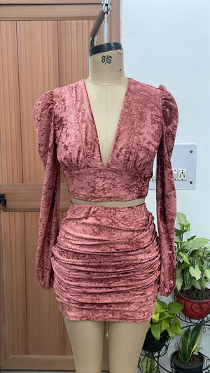 TANDUL Women Velvet Ruched Co-ord Set