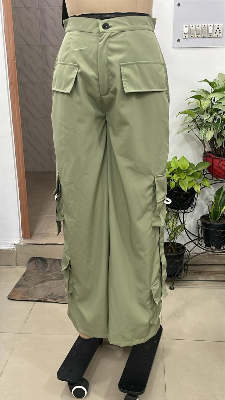 TANDUL Women Sage Green Ultra-Wide Leg Cargo Trousers