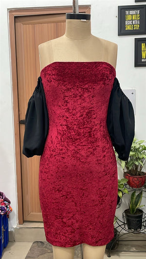 TANDUL Women Maroon Velvet Off-the-Shoulder Balloon Sleeve Dress