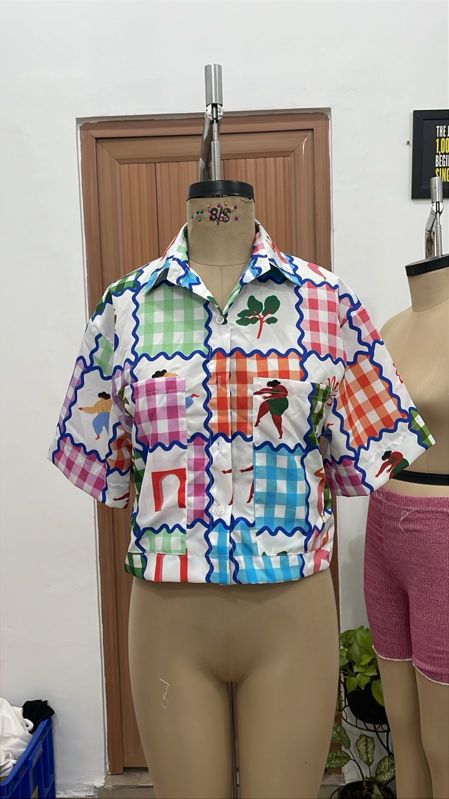 TANDUL Women Retro Colorful Gingham Patchwork Cropped Shirt