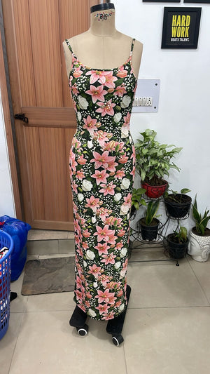 TANDUL Women Dark Green Lily and Rose Print Bodycon Maxi Dress