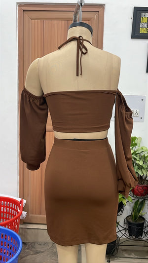 TANDUL Women Off-Shoulder Halter Crop Top and Mini Skirt Co-ord